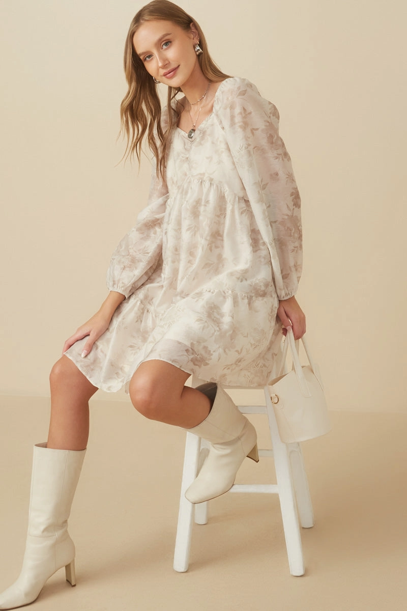 Limited-Edition Floral Print Sweetheart Neck Organza Dress