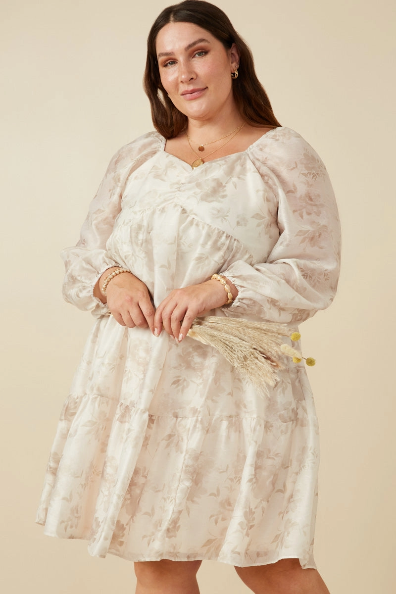 Floral Print Sweetheart Neck Organza Dress Minimal Curve Brunch Tone