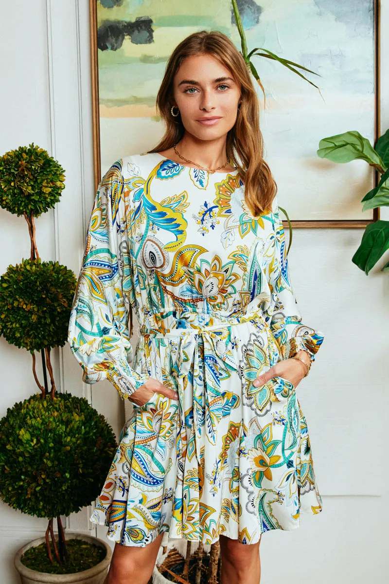 Lounge Feel Sleek Movement Paisley Floral Print Belted Smocked Dress