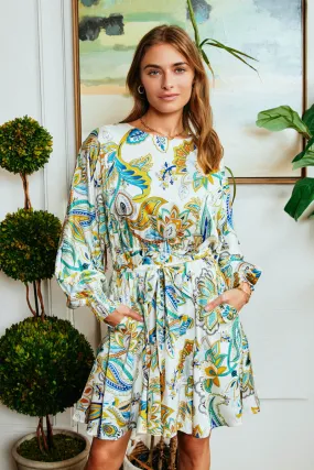 Flowy casual dress Paisley Floral Print Belted Smocked Dress