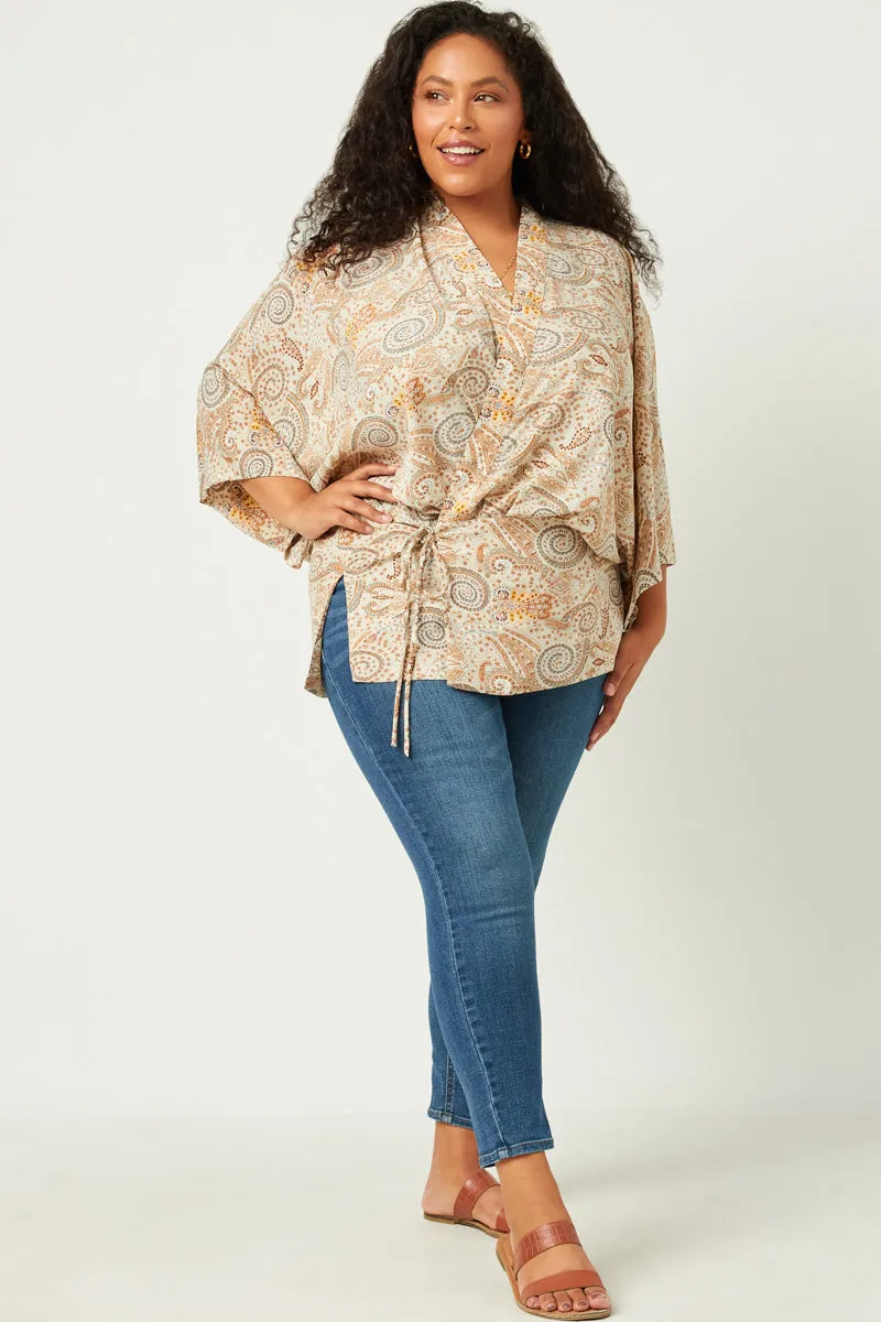 Paisley Print Cropped Sleeve Open Kimono Versatile Daily Layer