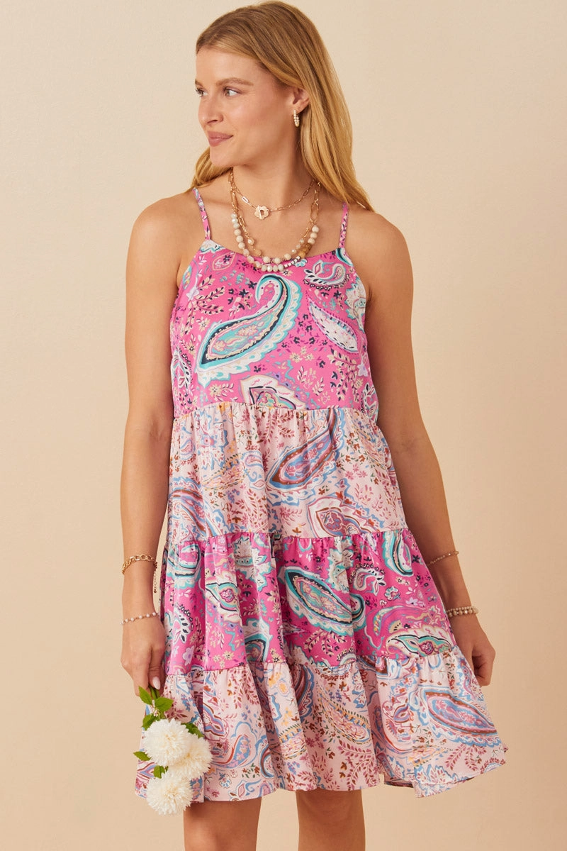 Paisley Print Color Blocked Tiered Tank Dress Panelled-Design