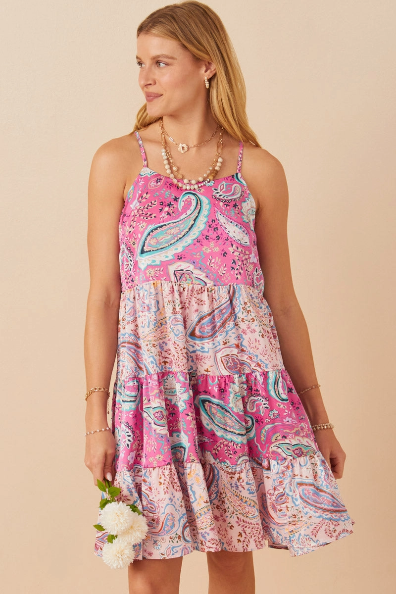 Soft Silhouette Breath Soft Paisley Print Color Blocked Tiered Tank Dress
