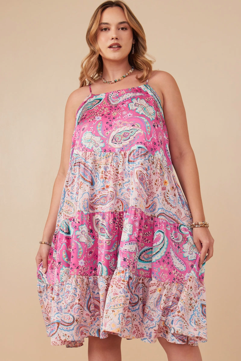 Embroidered Fabric Paisley Print Color Blocked Tiered Tank Dress