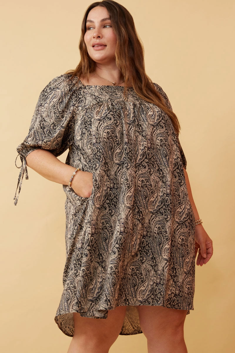 Light Volume Bold Fashion Paisley Print Tie Sleeve Square Neck Dress