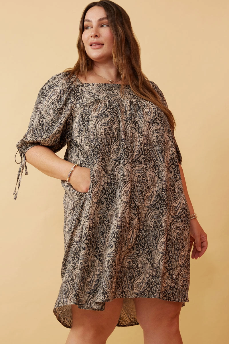 Paisley Print Tie Sleeve Square Neck Dress Youthful Look