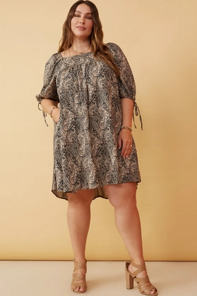 Paisley Print Tie Sleeve Square Neck Dress Fall Layer Feminine Fit