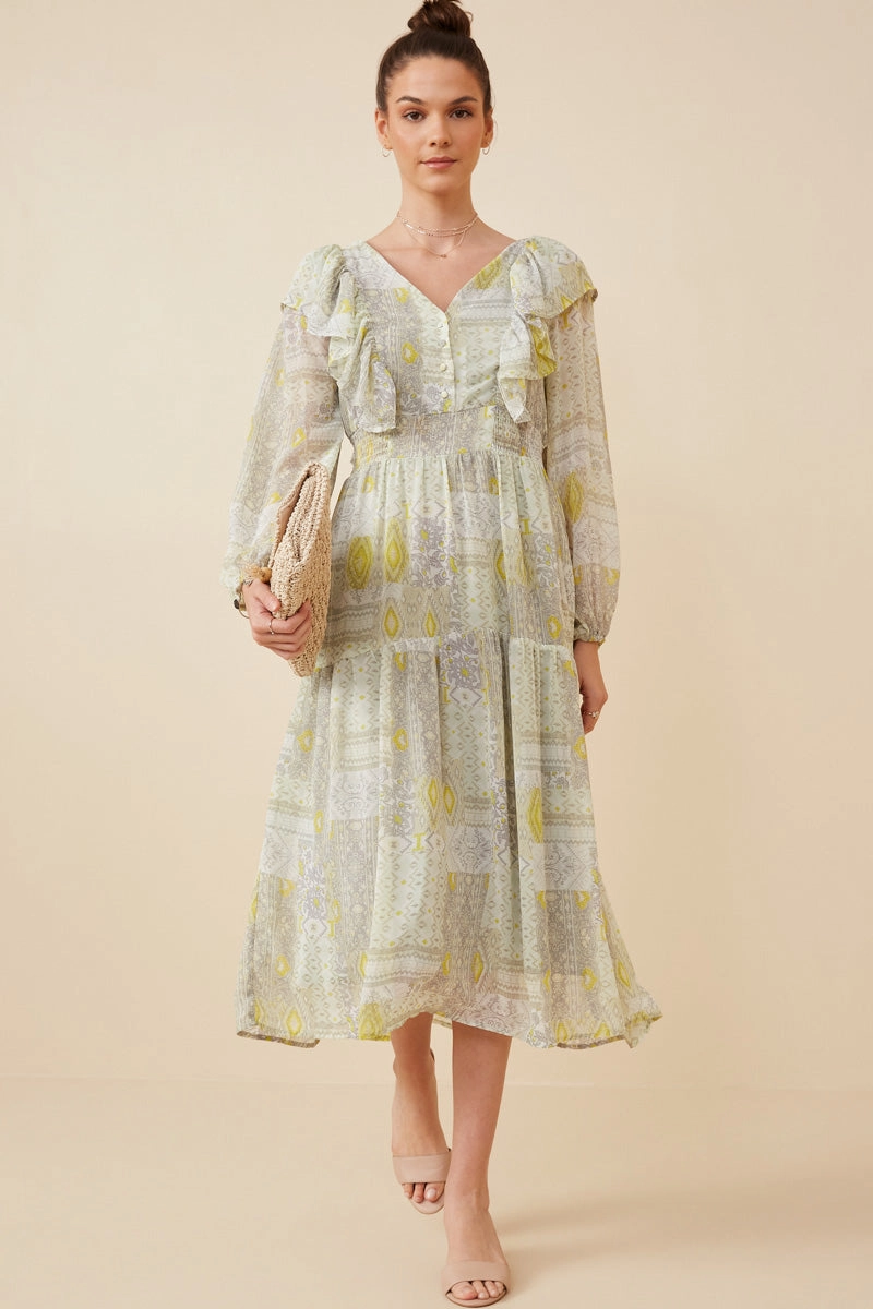 Stylish Comfort French Vibe Patch Print V Neck Ruffled Long Sleeve Dress