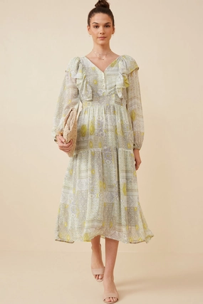 Patch Print V Neck Ruffled Long Sleeve Dress Polished look dress