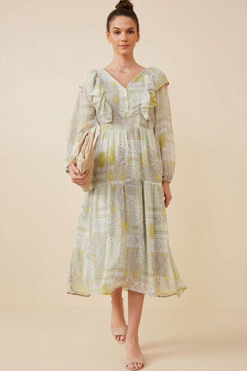 Patch Print V Neck Ruffled Long Sleeve Dress Polished look dress