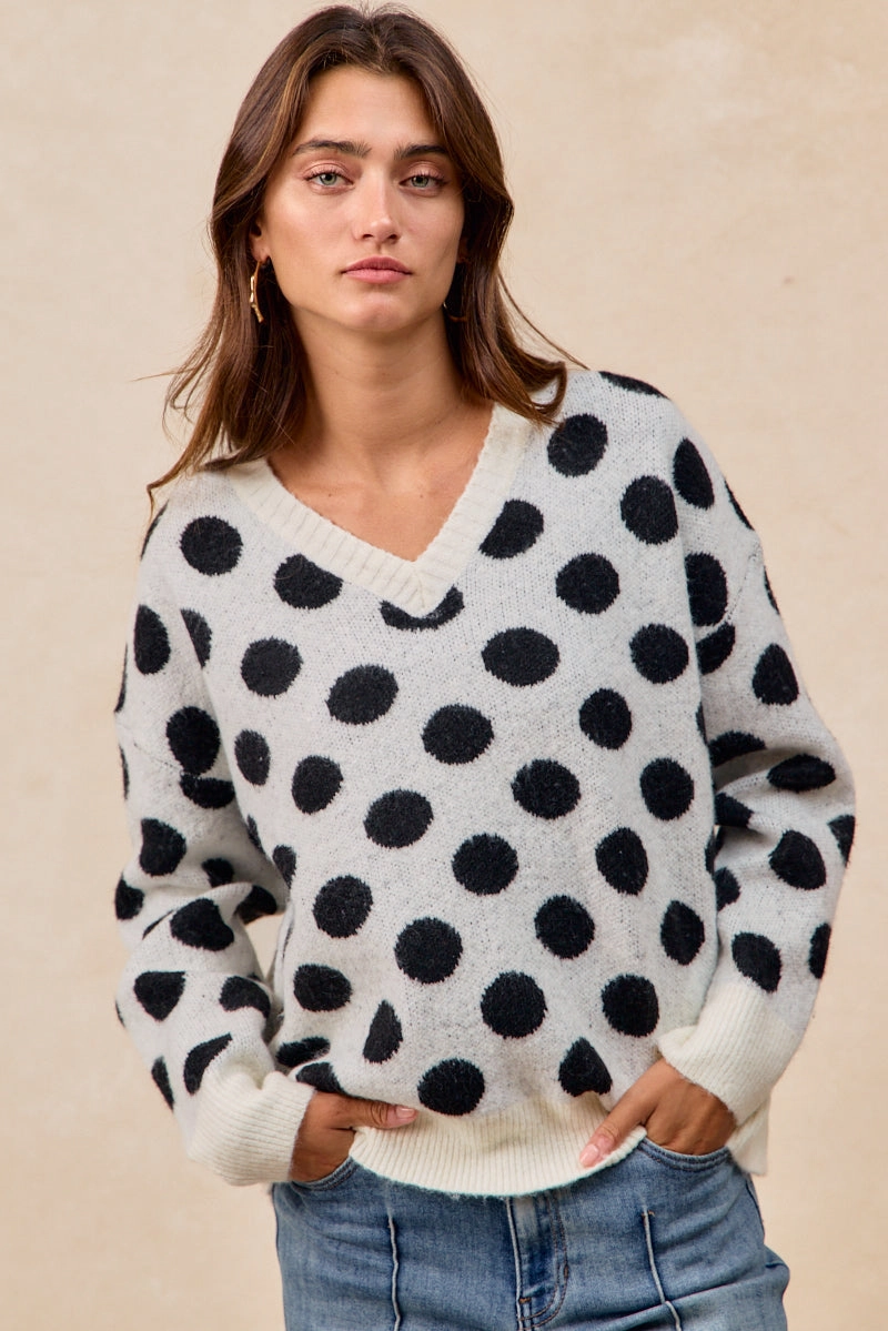 Work Ready Curvy Glam IT4760H-01 | POLKA DOTS ARTWORK SWEATER TOP WITH V NECKLINE