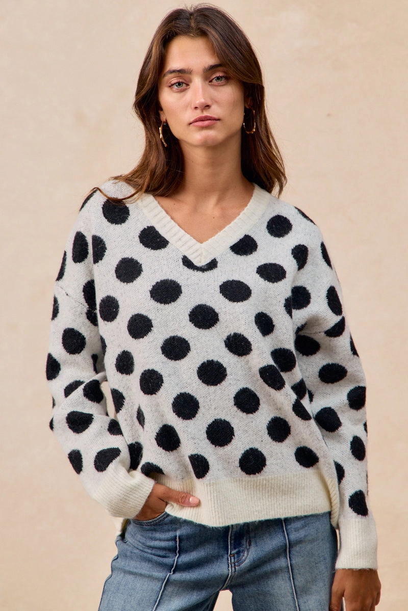 Move Free IT4760H-01 | POLKA DOTS ARTWORK SWEATER TOP WITH V NECKLINE