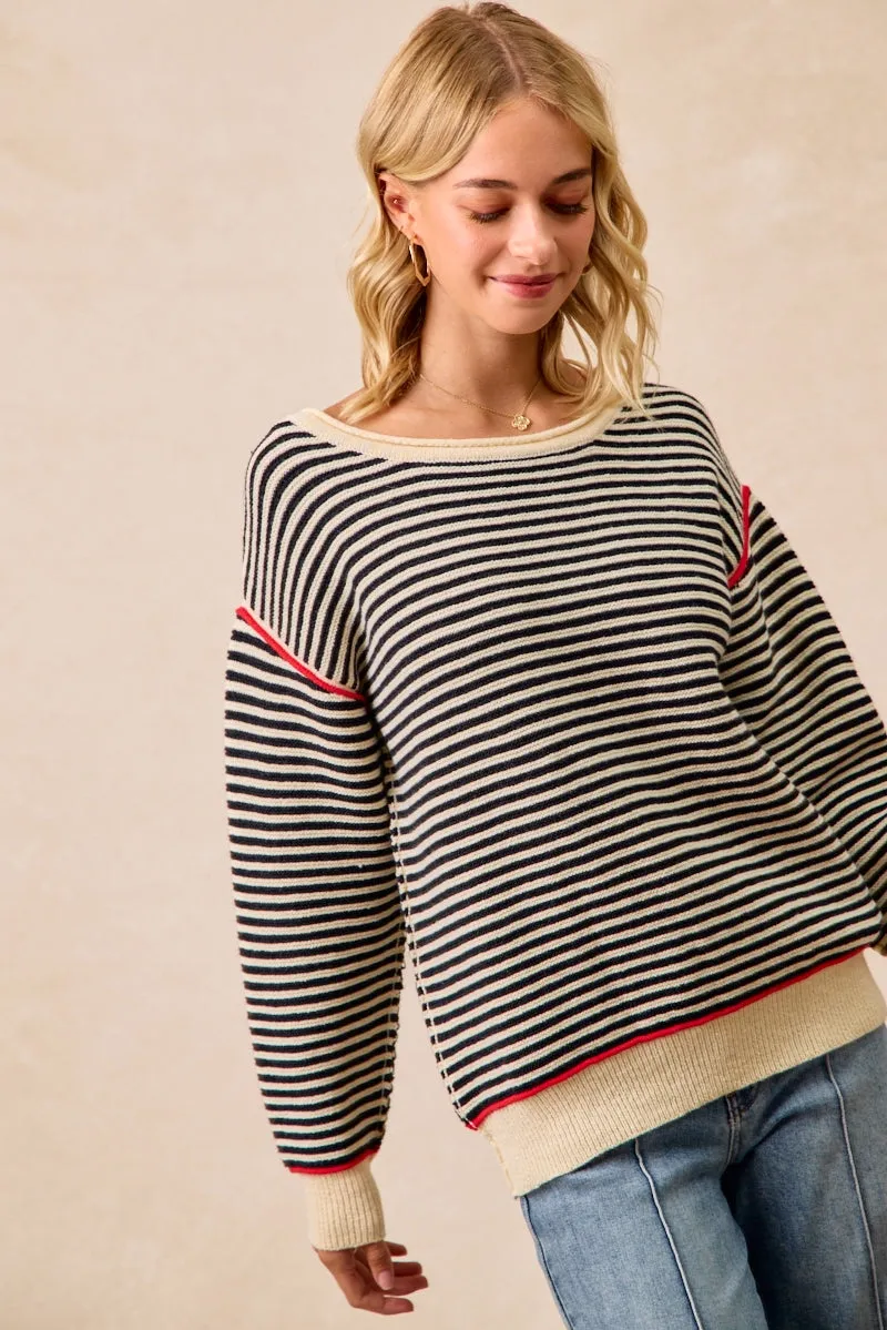 Day To Night IT4686S-01 | STRIPE KNIT CONTRAST BINDING TOP