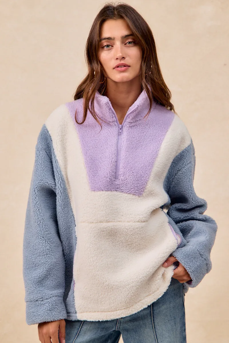 IT4756S-01 | SHERPA FLEECE COLOR BLOCK ZIP UP TOP WITH POCKET Corduroy texture