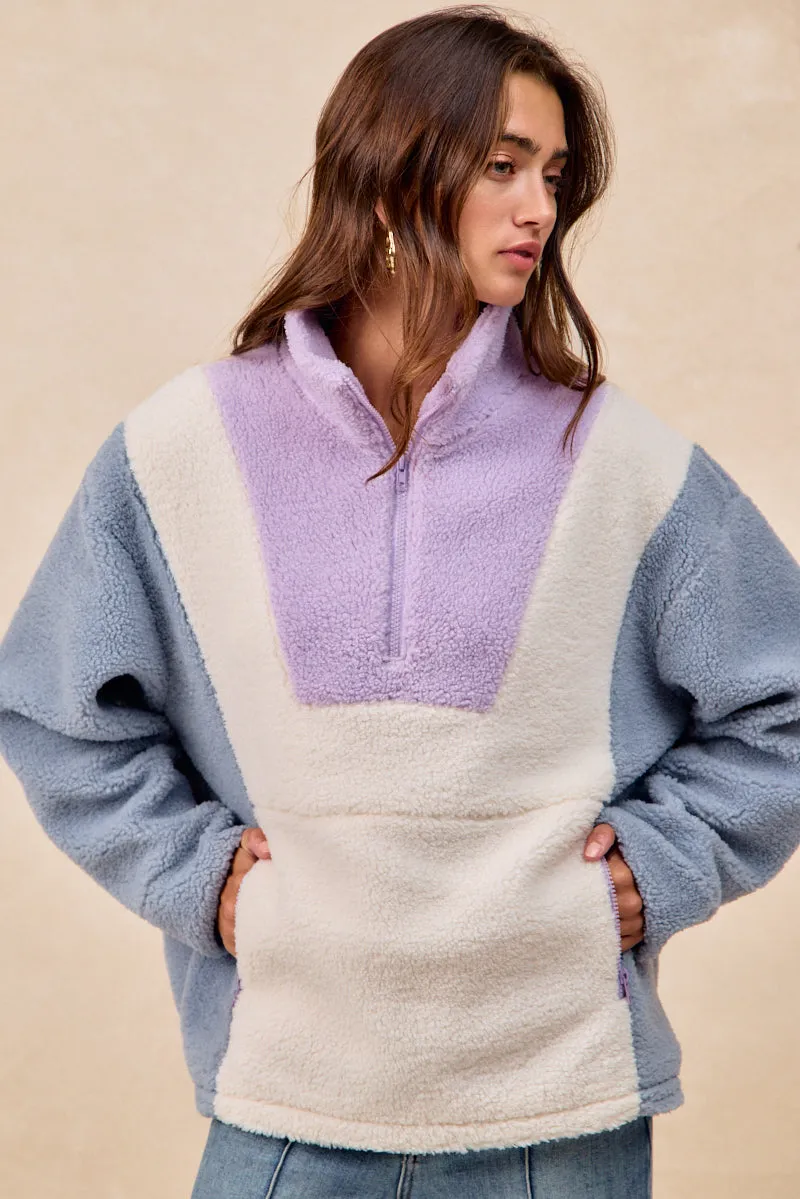 Basic Look IT4756S-01 | SHERPA FLEECE COLOR BLOCK ZIP UP TOP WITH POCKET