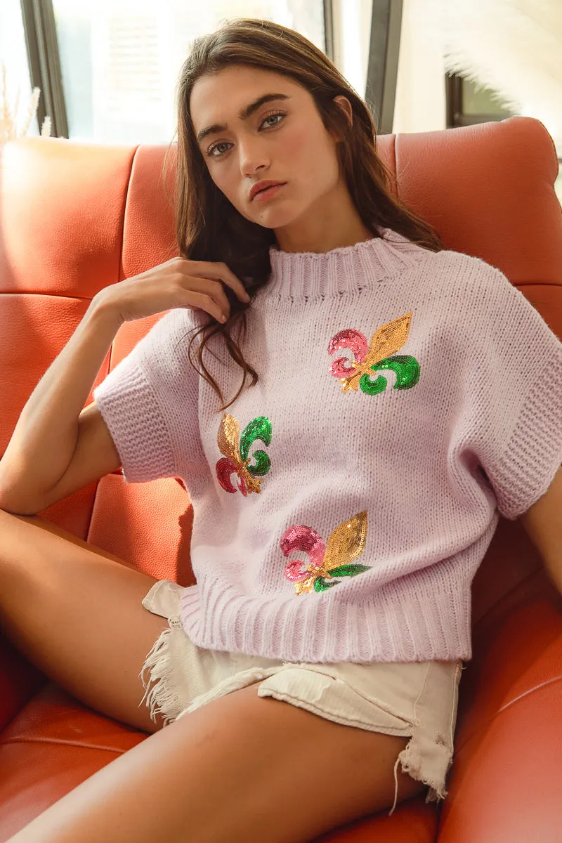 IT1388G-14 | SEQUIN FLEUR DE LIS MARDI GRAS SWEATER TOP Sustainable Fabric