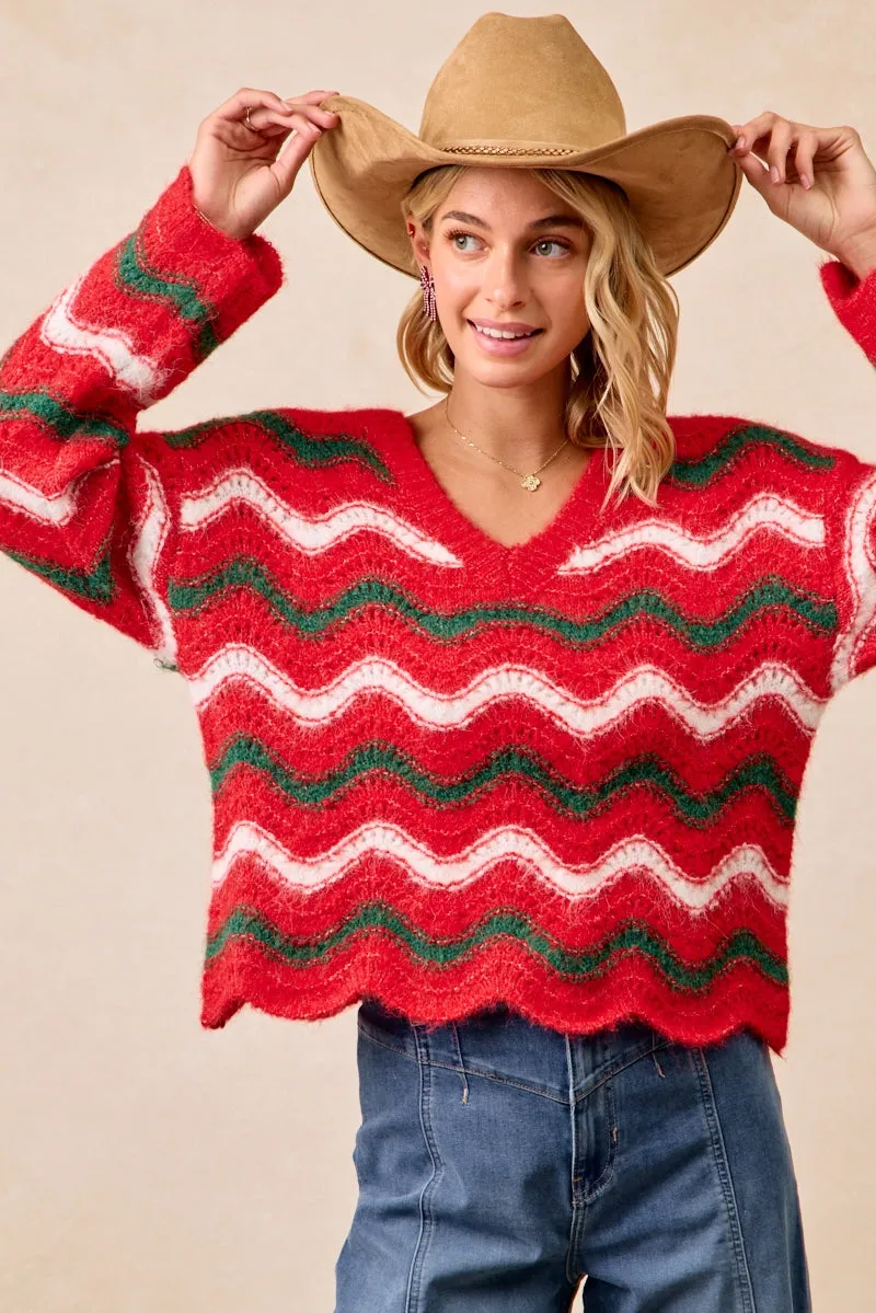 IT2288G-02 | CHRISTMAS WAVY STRIPES V-NECK SWEATER Versatile Waist
