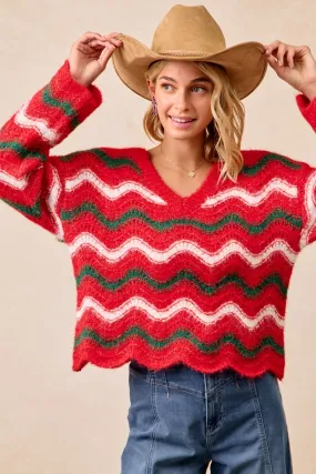 Classic Look Tapered Look IT2288G-02 | CHRISTMAS WAVY STRIPES V-NECK SWEATER