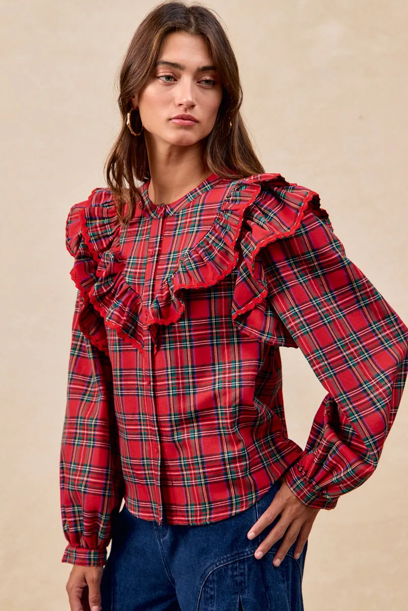 Neutral Look Dressy look IT4770S-01 | CHRISTMAS PLAID RUFFLED BLOUSE TOP WITH TRIM