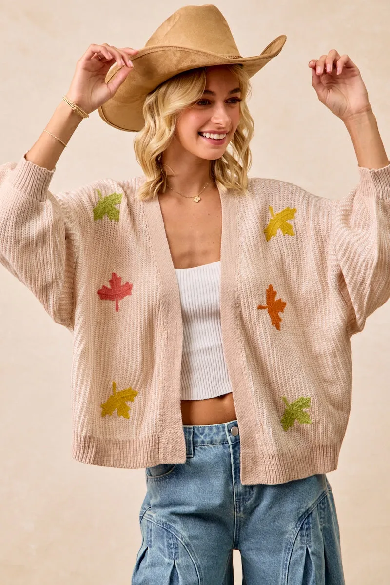 IT4665S-02 | TWO TONE KNIT CARDIGAN WITH LEAF PATCHES Durable Fabric Bold Design