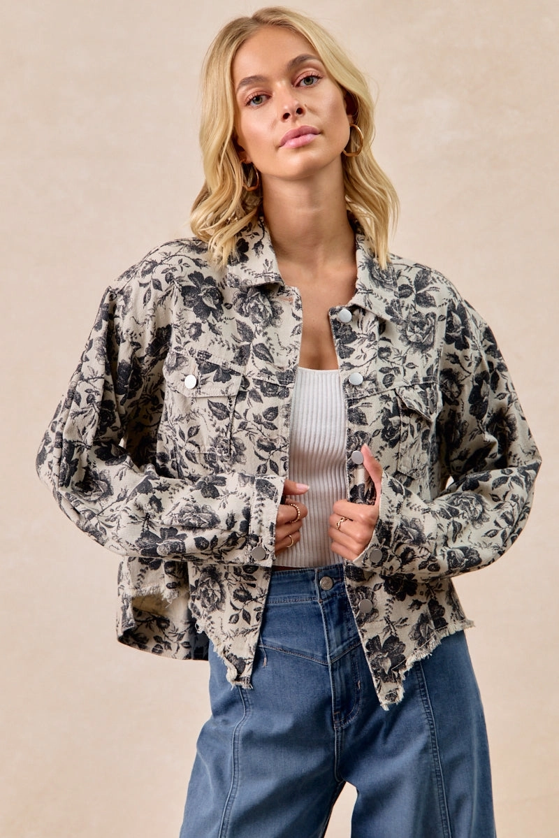 IP6187S-57 | WASHED ROSE PRINTED CROPPED DENIM JACKET Everyday Comfort Casual Vibe