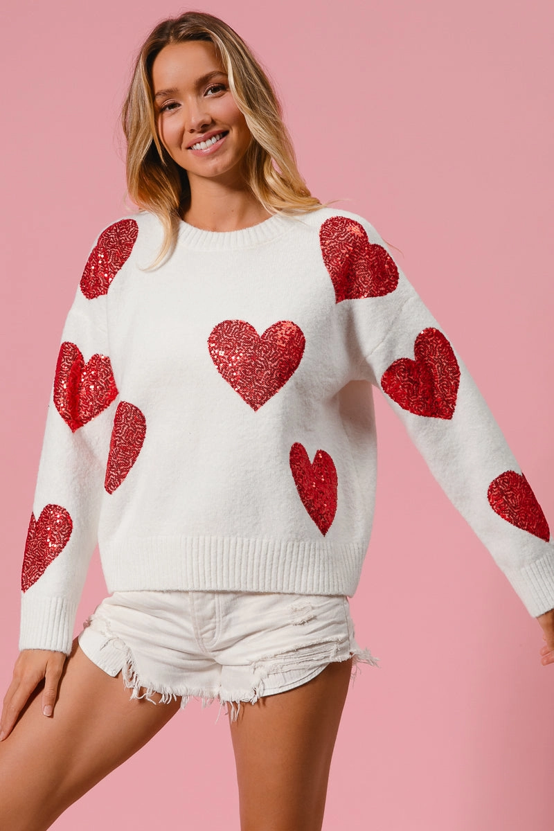 Travel Essential Stylish Fit IT3026-01 | SEQUIN HEART PATCHES VALENTINE SWEATER