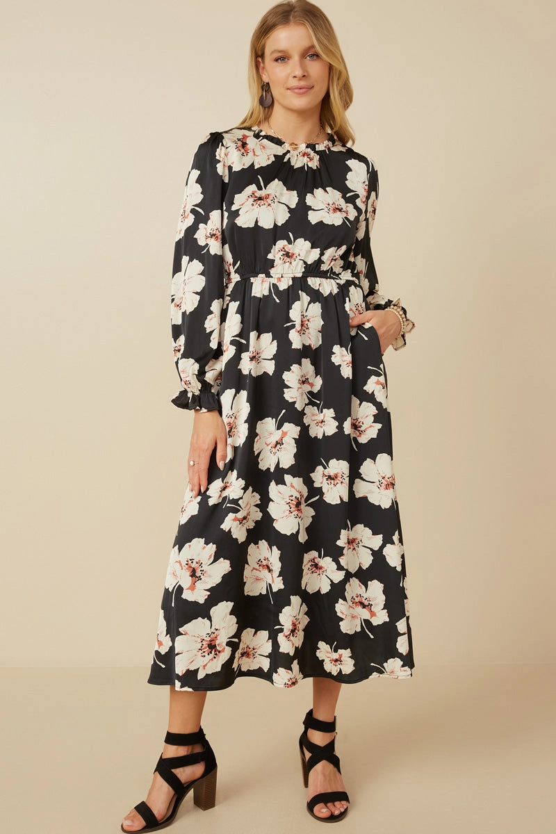Soft-touch daywear Romantic Floral Ruffle Neck Cinched Cuff Dress