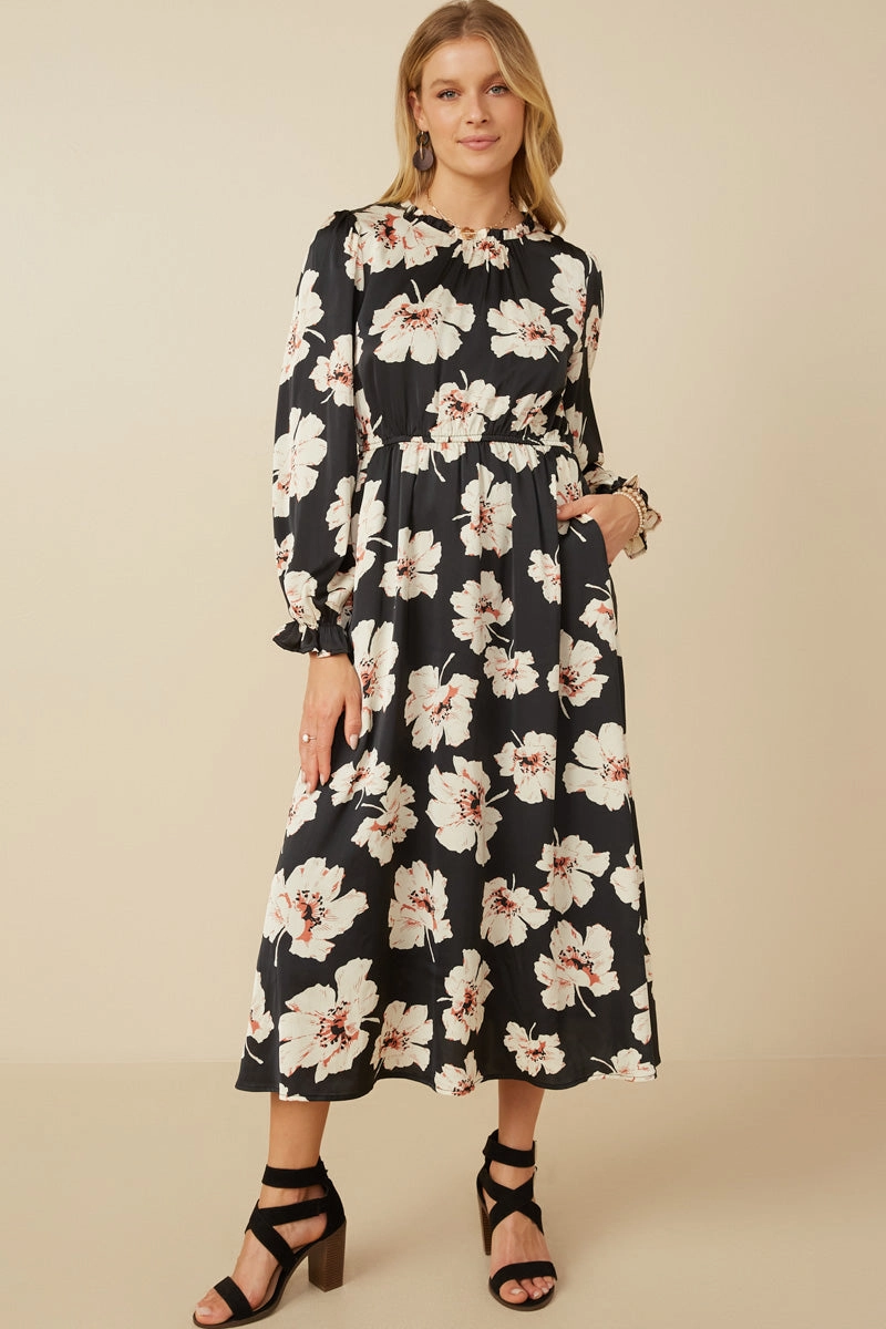 Romantic Floral Ruffle Neck Cinched Cuff Dress Clean Chic