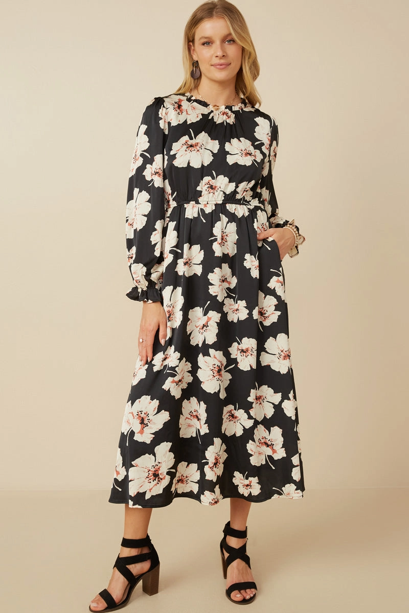 Luxe Touch Romantic Floral Ruffle Neck Cinched Cuff Dress