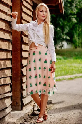 Minimalist fashion Pink Mesh Embroidered Midi Skirt