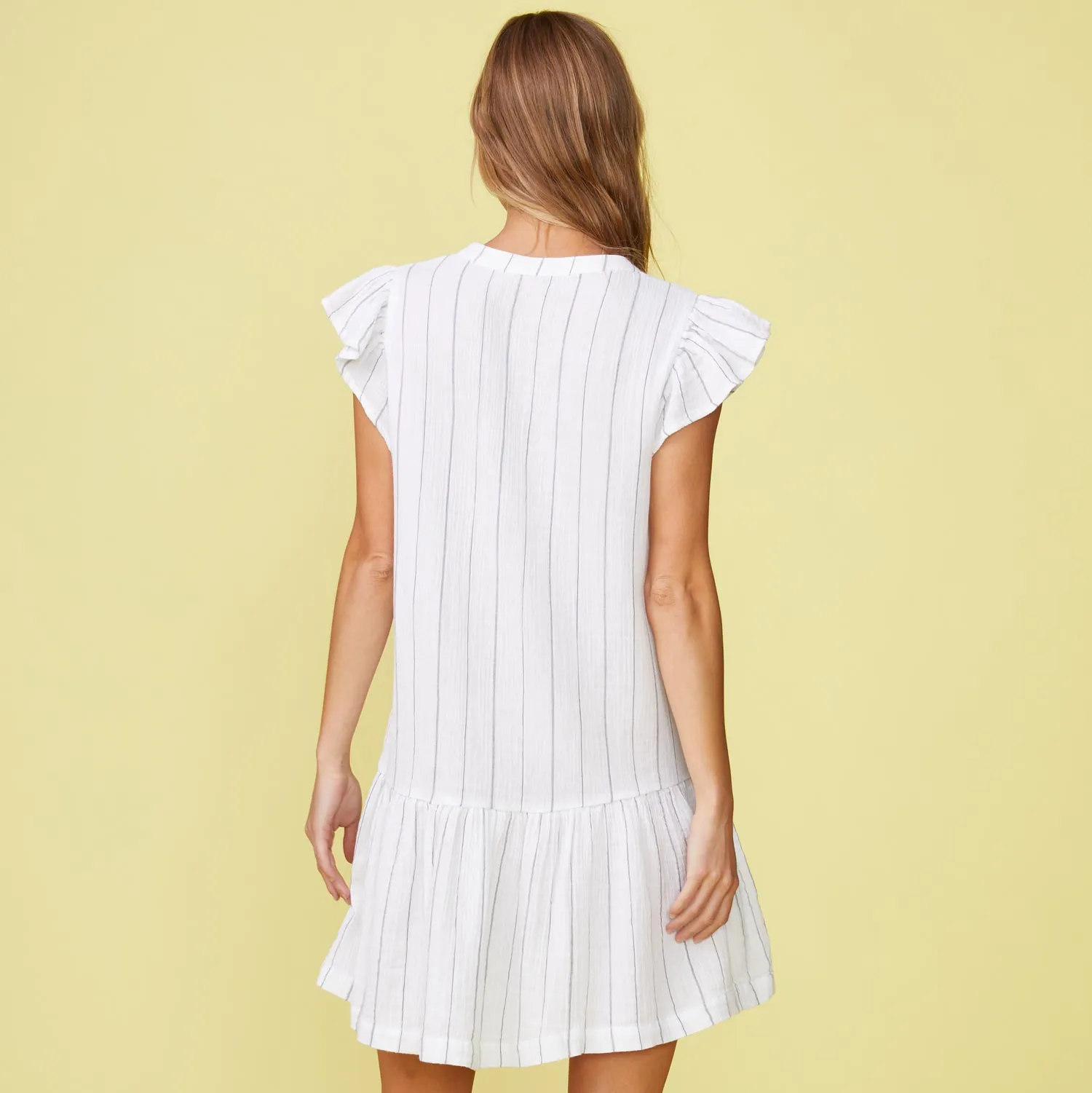 Pinstripe Gauze Easy Ruffle Dress Subtle Fit