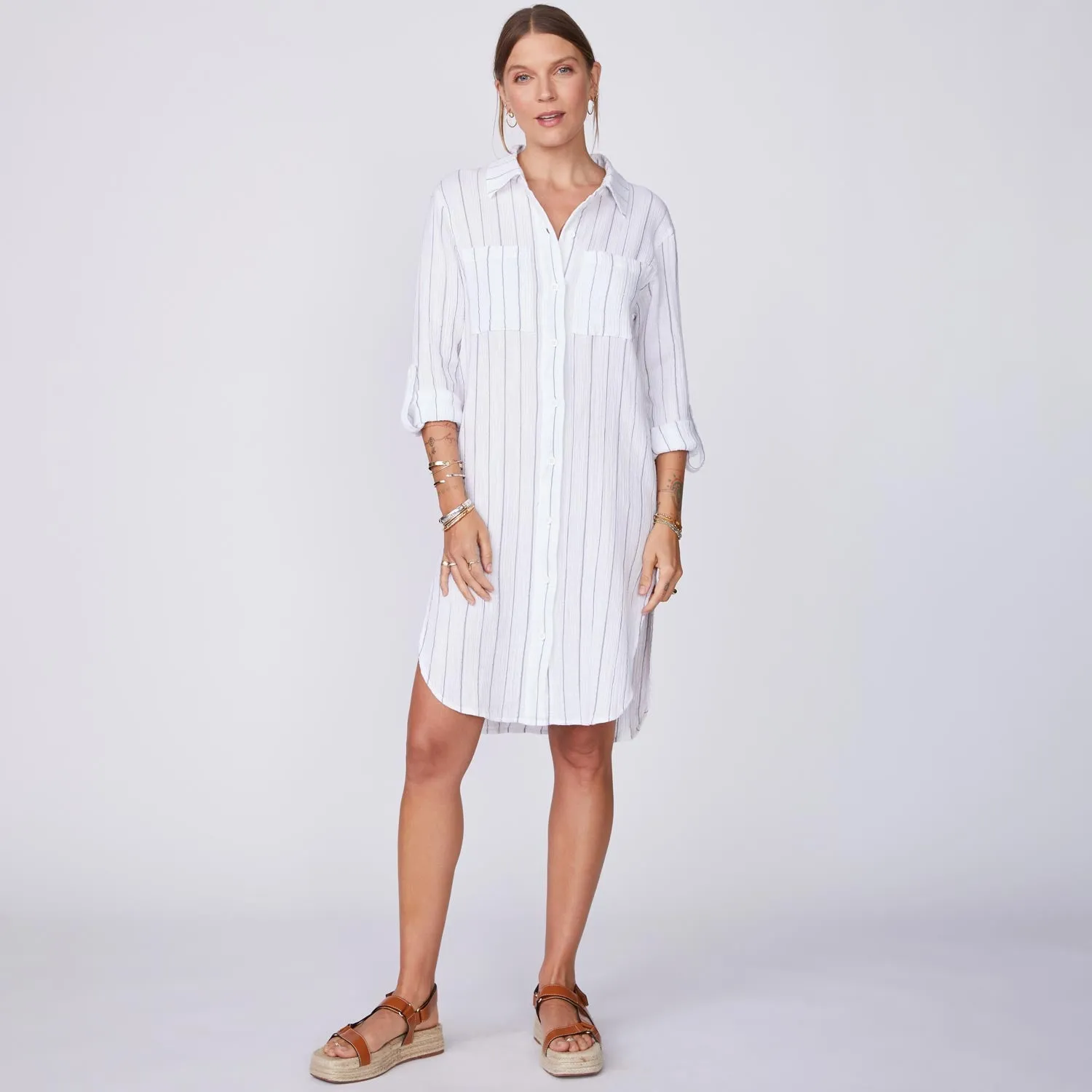 Pinstripe Gauze Shirt Dress Professional Trend