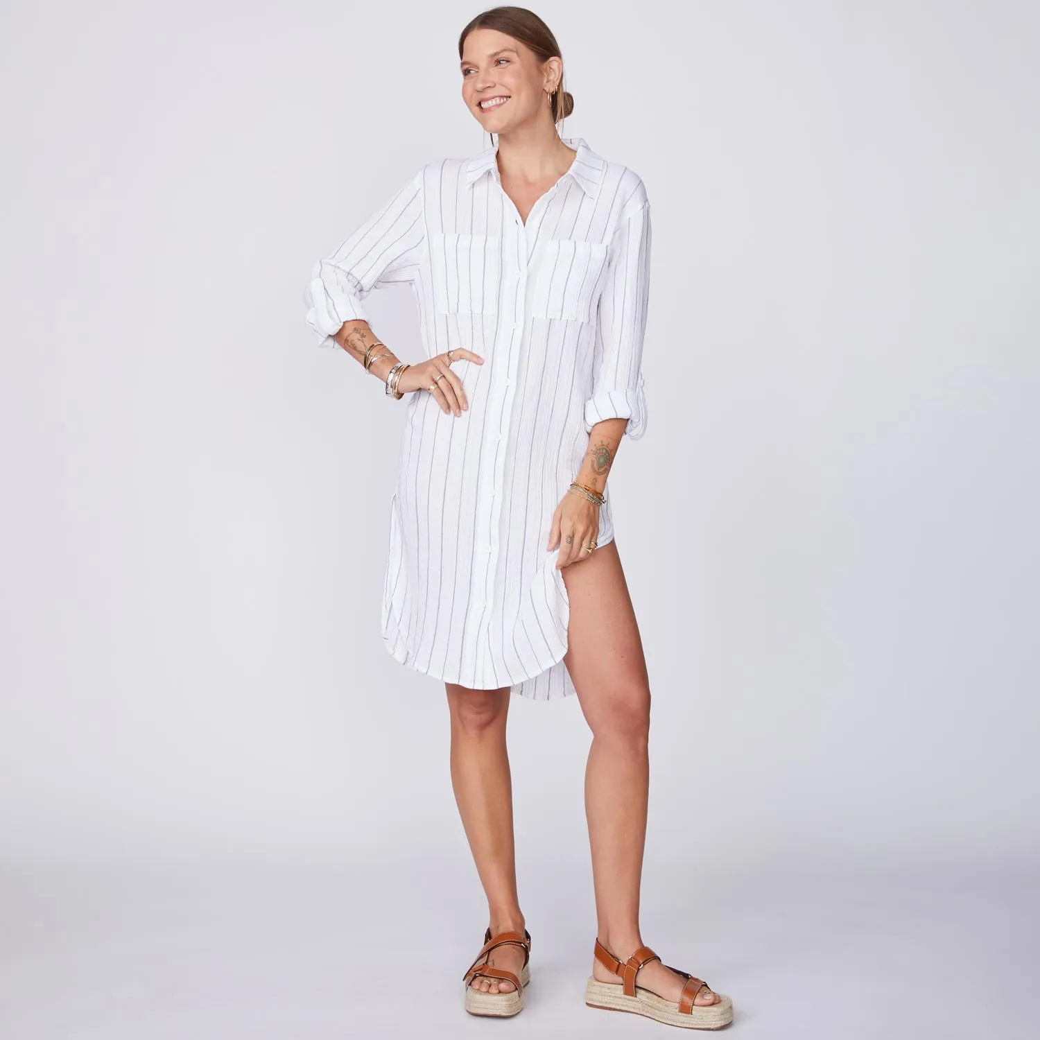 Precise Fit Pinstripe Gauze Shirt Dress