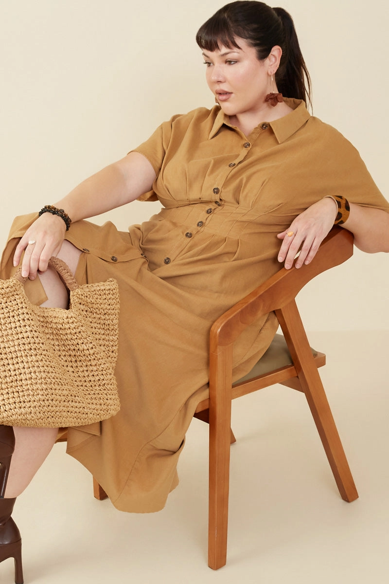 Pintucked Waist Button Up Corduroy Dress Color Soft Invisible-Zip