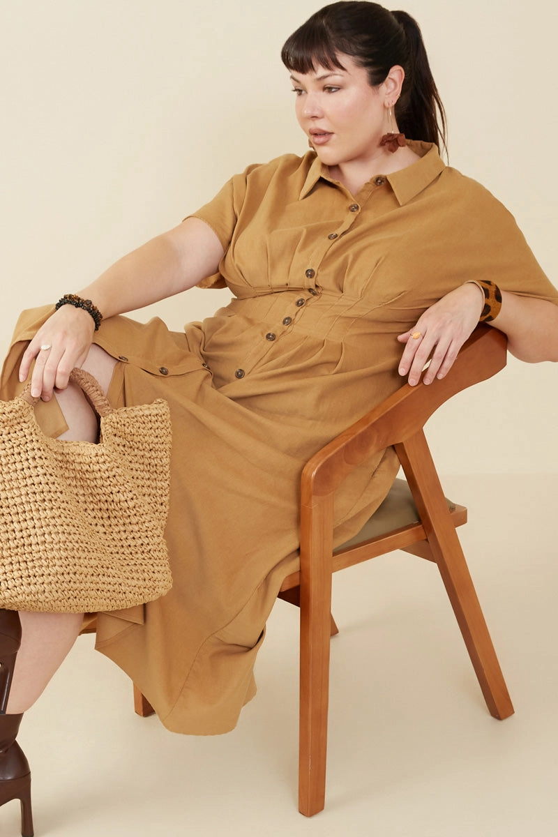 Pintucked Waist Button Up Corduroy Dress Event Safe