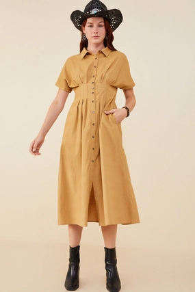 Pintucked Waist Button Up Corduroy Dress Clean Comfort Texture Style