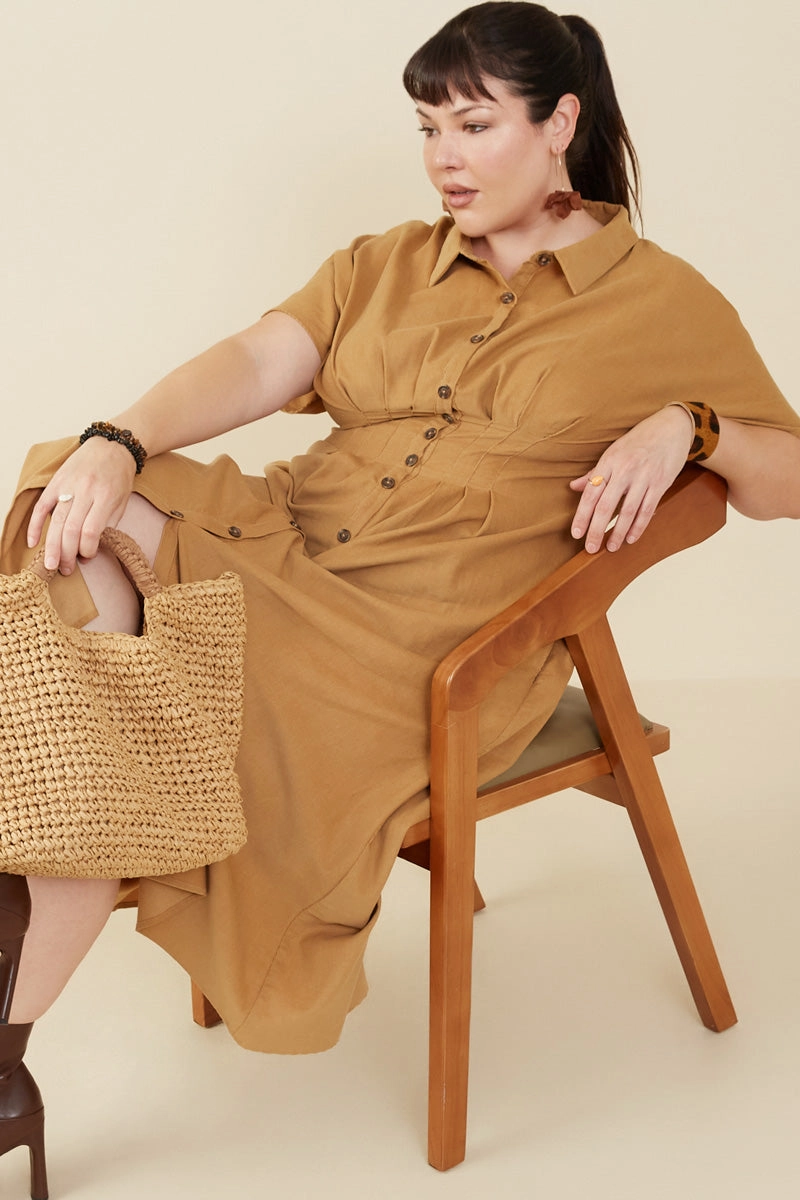 Feminine Line Raglan-Sleeve Pintucked Waist Button Up Corduroy Dress