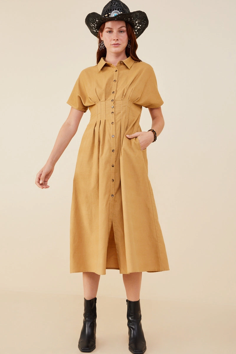 Pintucked Waist Button Up Corduroy Dress Dressy Glow