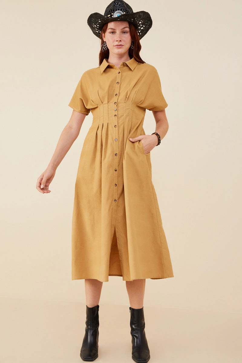 Breeze Flow Pintucked Waist Button Up Corduroy Dress