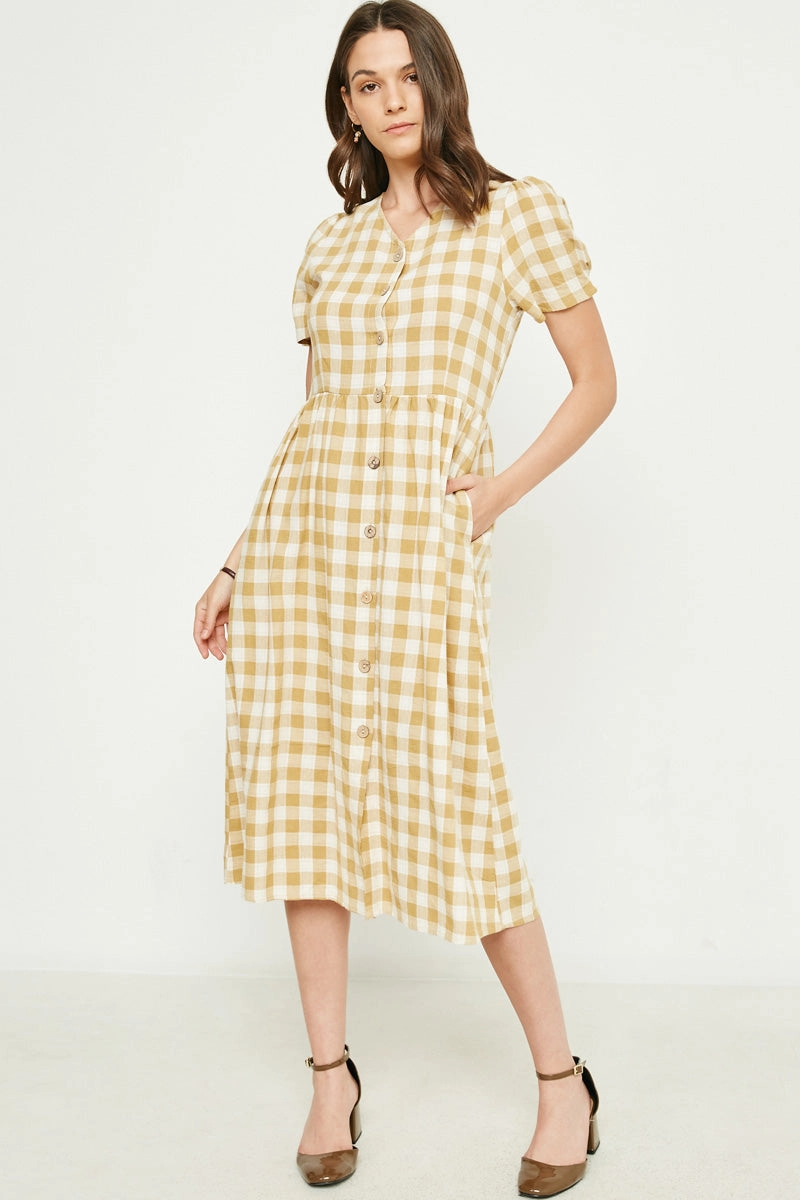 Plaid Button Up Bow Back Dress Natural Form