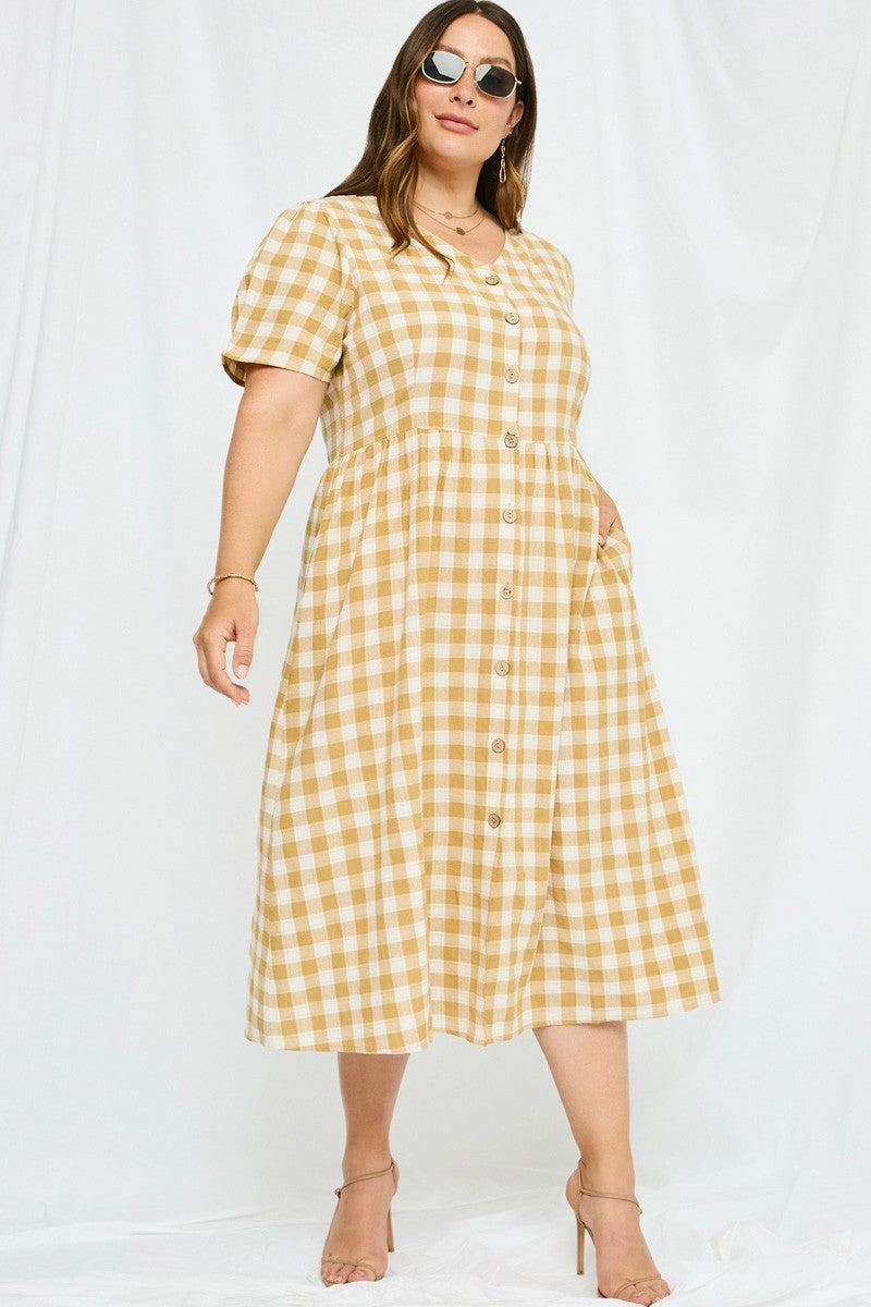 Modern Texture Plaid Button Up Bow Back Dress