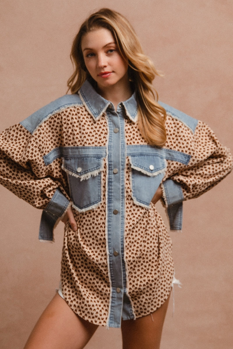 Petal Zone IP9762G-04 | HEART LEOPARD CORDUROY WASHED DENIM MIX AND MATCH FRAYED EDGE SHIRT