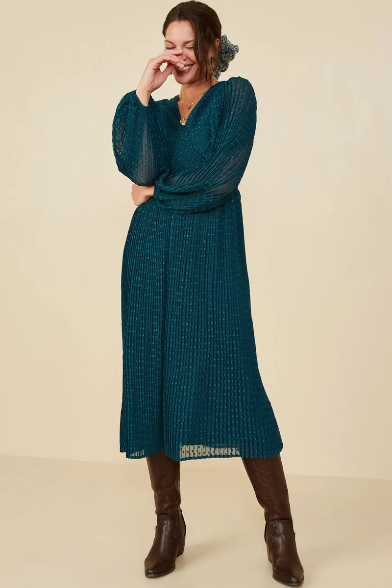 Elegant Motion Smooth Blend Pleated Swiss Dot Surplice Dress