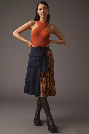 Tassel accents Front Slit Pleated Cargo Midi Skirt