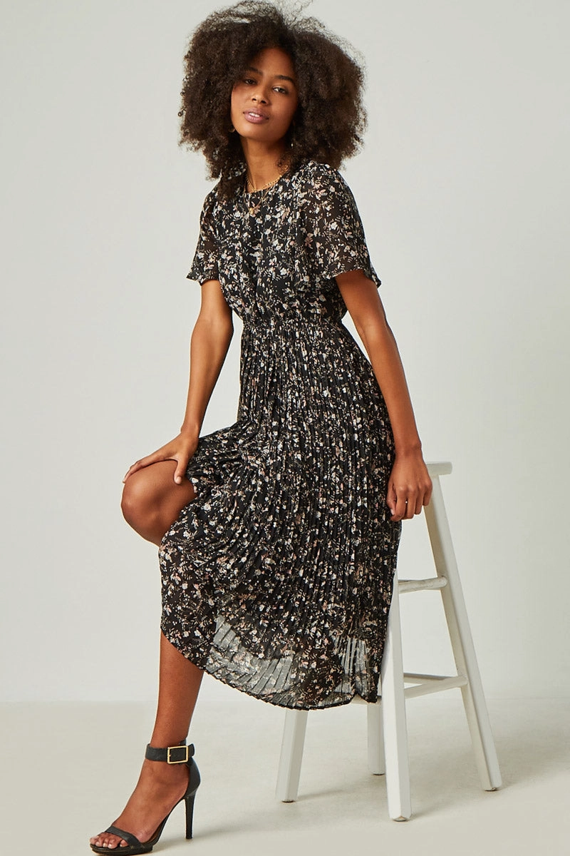 Pleated Floral Midi Dress Shine Moment