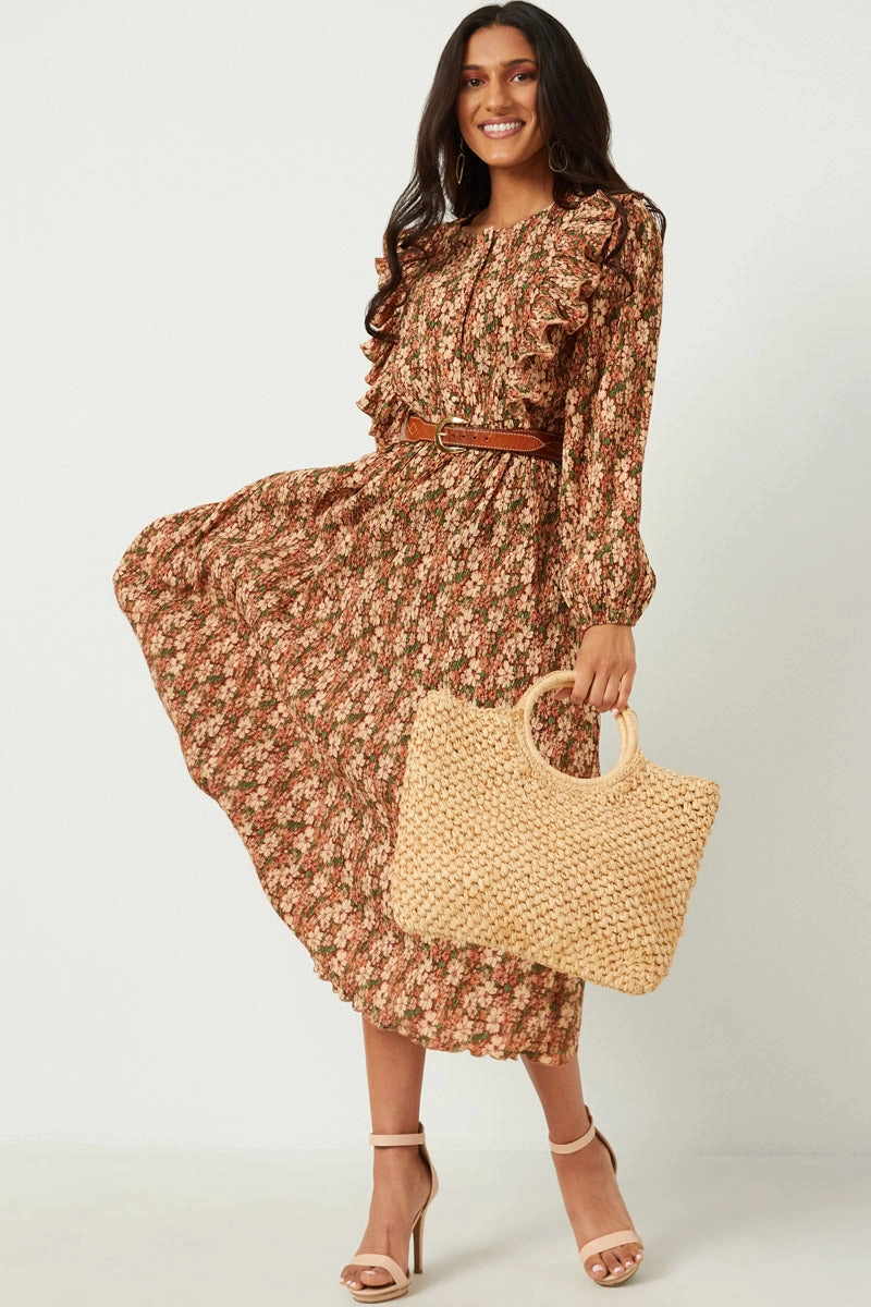Pleated Floral Midi Dress With Ruffle Detail Feminine Line Formal Aura