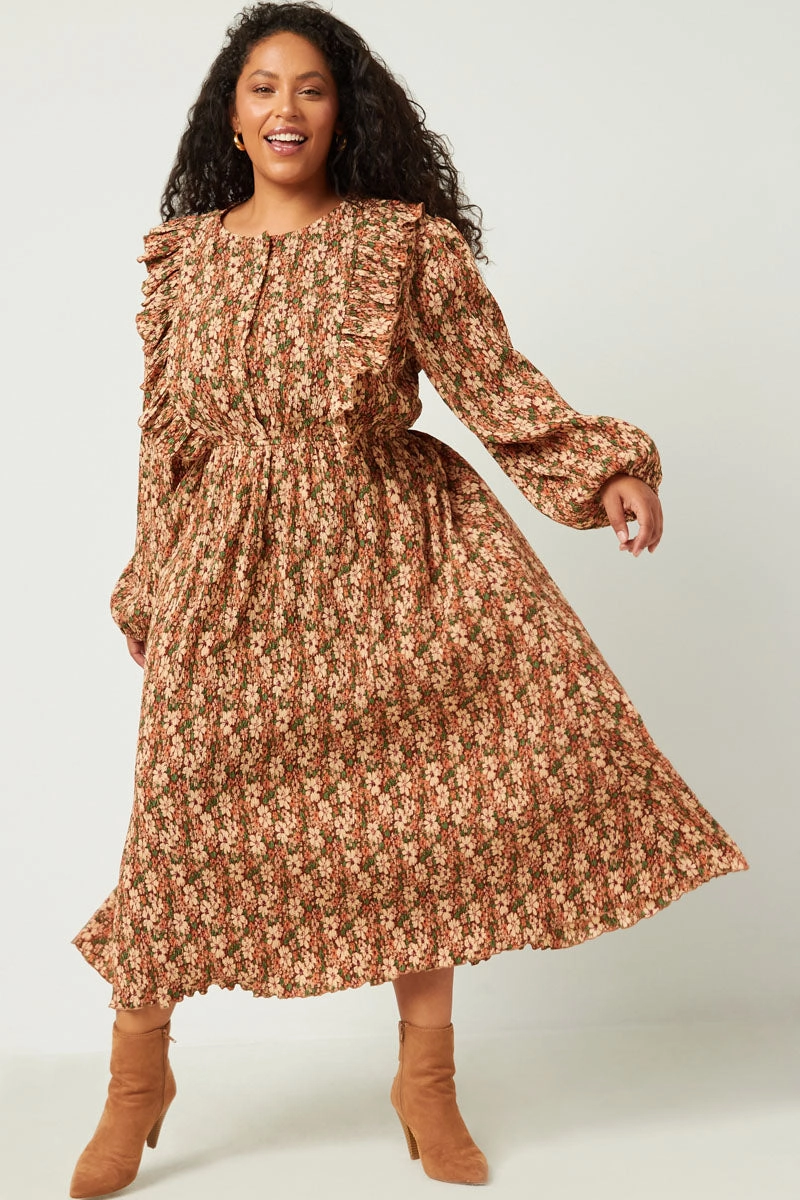 Pleated Floral Midi Dress With Ruffle Detail Skin-friendly Soft Knit