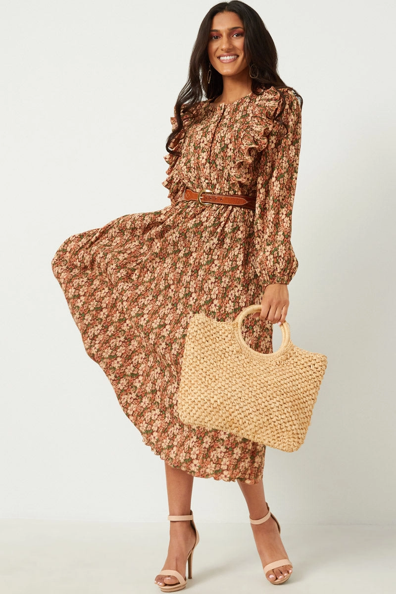 Pleated Floral Midi Dress With Ruffle Detail Functional-Design