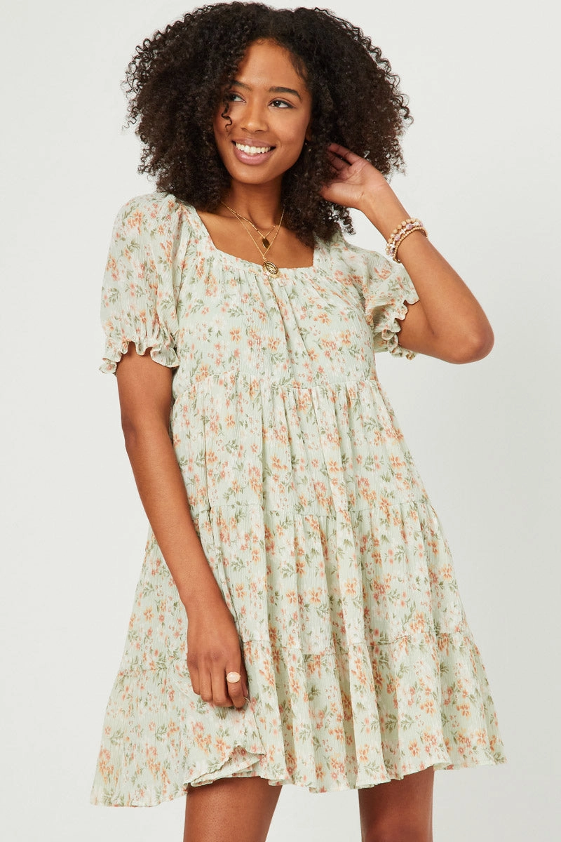 Breathable-Lining Pleated Floral Print Square Neck Tiered Dress