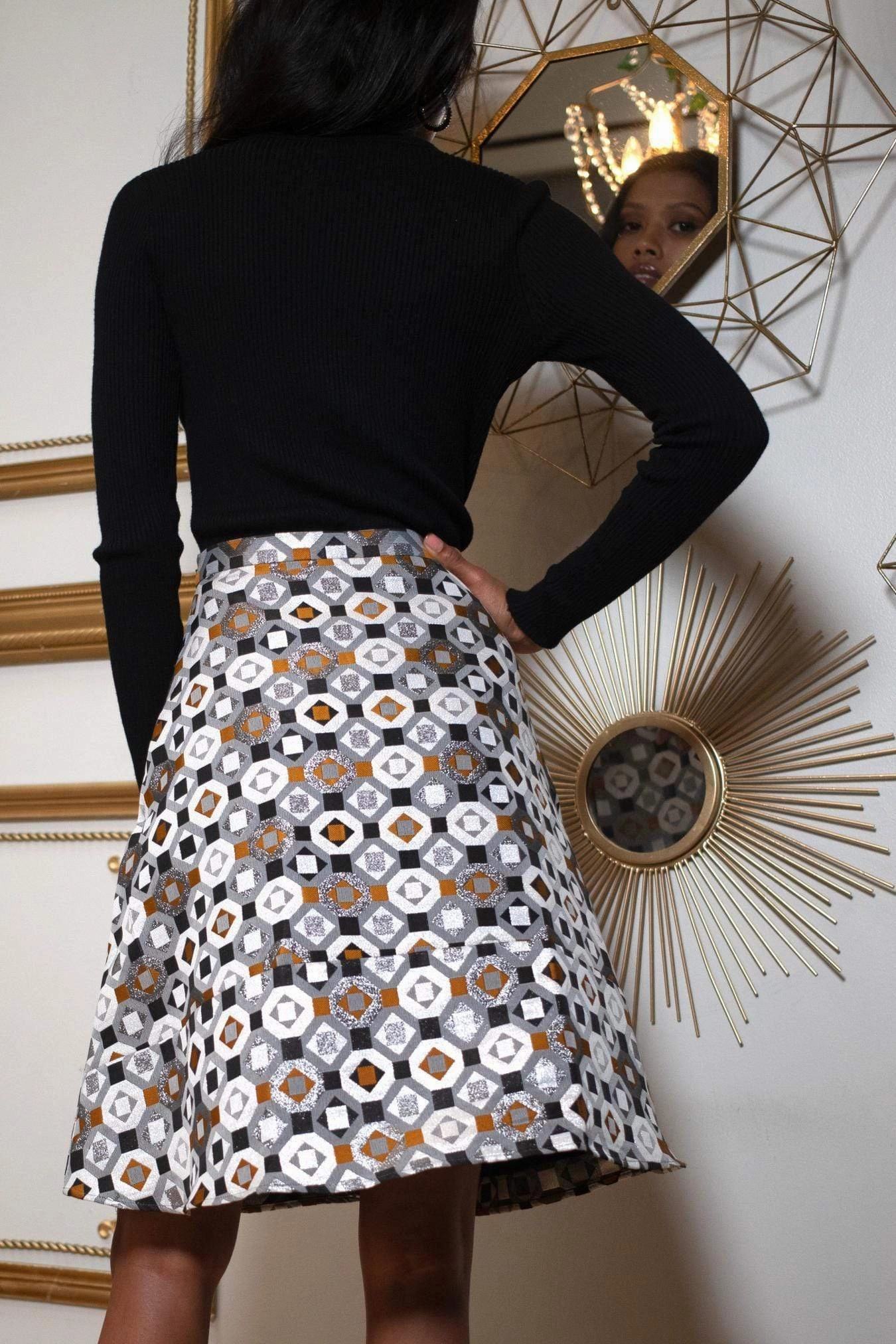 Pleated Jacquard Skirt - Geometric Motif Pencil Shape